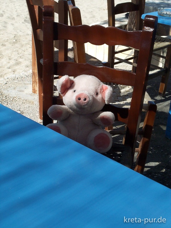 Eines der ersten Kalamaki-Bilder in unserer Sammlung: Reiseschwein Norbert in der Taverne